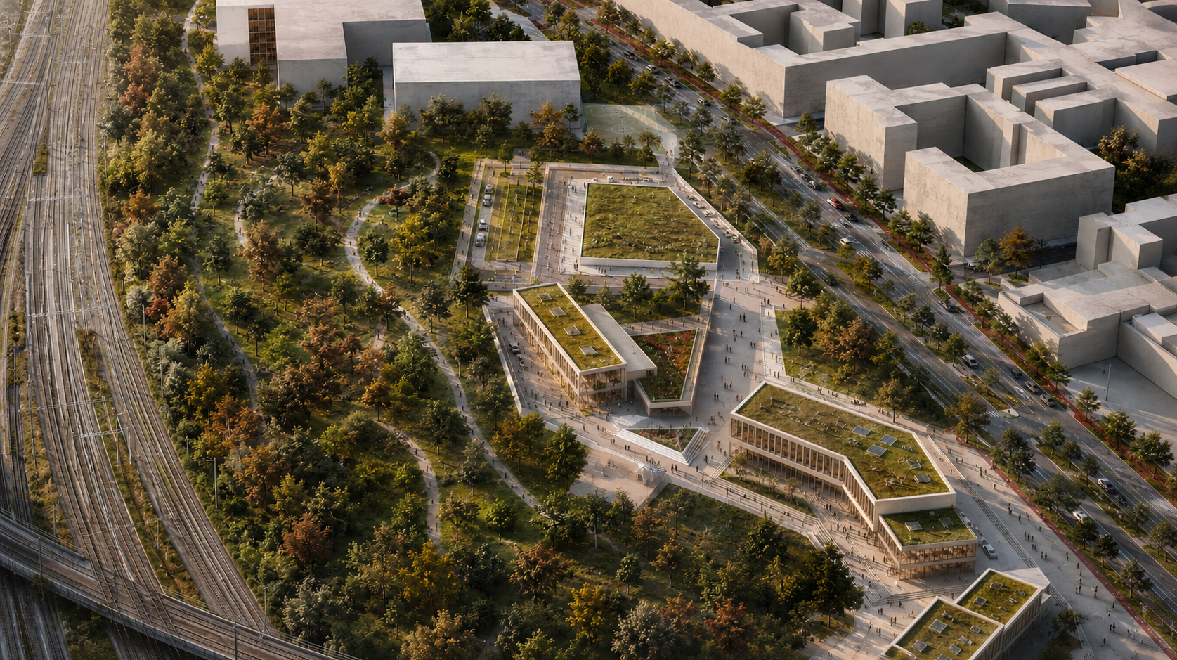 Proposed Bovisa — aerial view of the completed Artery spine, chakra nodes, and green infrastructure across the district